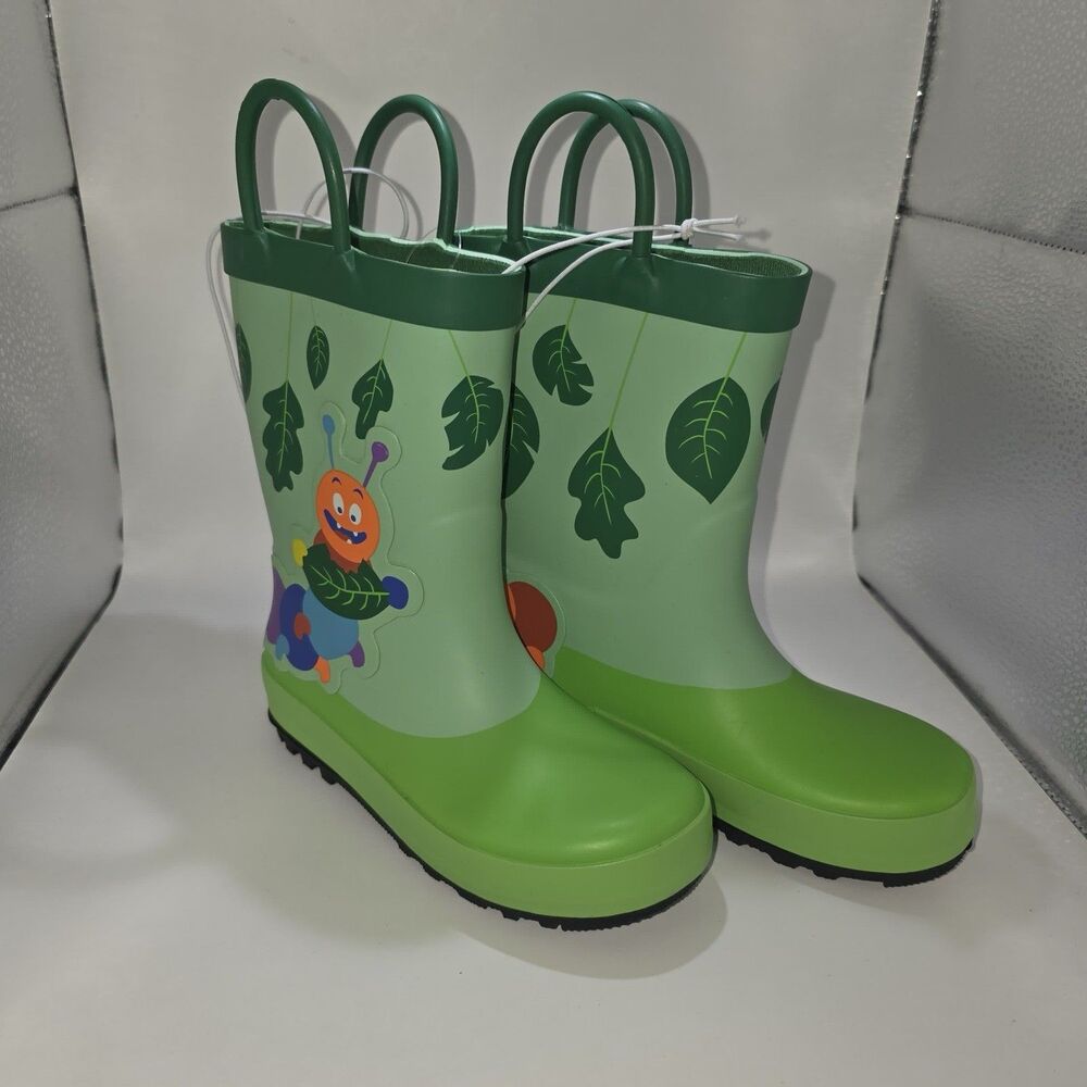 Kids Green Caterpillar Rain Boots Size 10 Waterproof Pull-On Boots